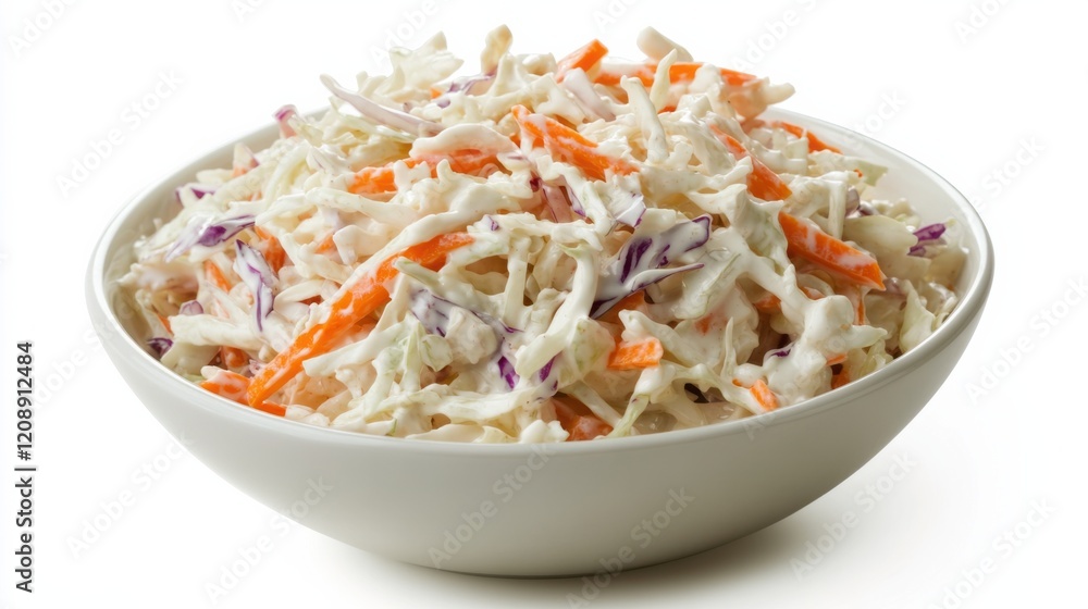 A bowl of creamy coleslaw with shredded cabbage, carrots, and tangy dressing A bowl of creamy coleslaw with shredded cabbage, carrots, and tangy dressing