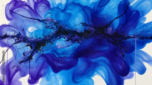 Colorful abstract painting featuring swirling shades of blue and purple with black accents in a dynamic composition