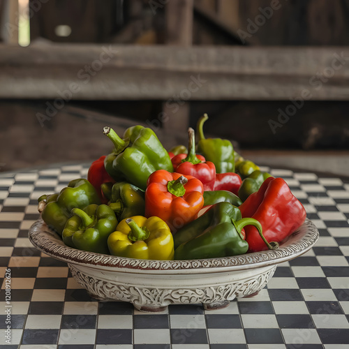 Vintage white ceramic plate with Padron peppers in a rustic setting
 photo