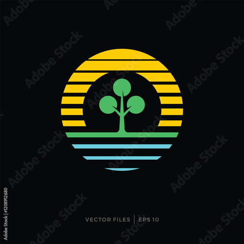 simple beach sunset logo design with a tree in the middle