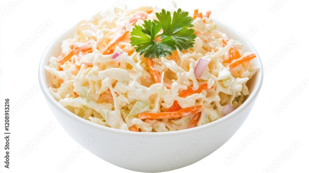 A bowl of creamy coleslaw with shredded cabbage, carrots, and tangy dressing A bowl of creamy coleslaw with shredded cabbage, carrots, and tangy dressing