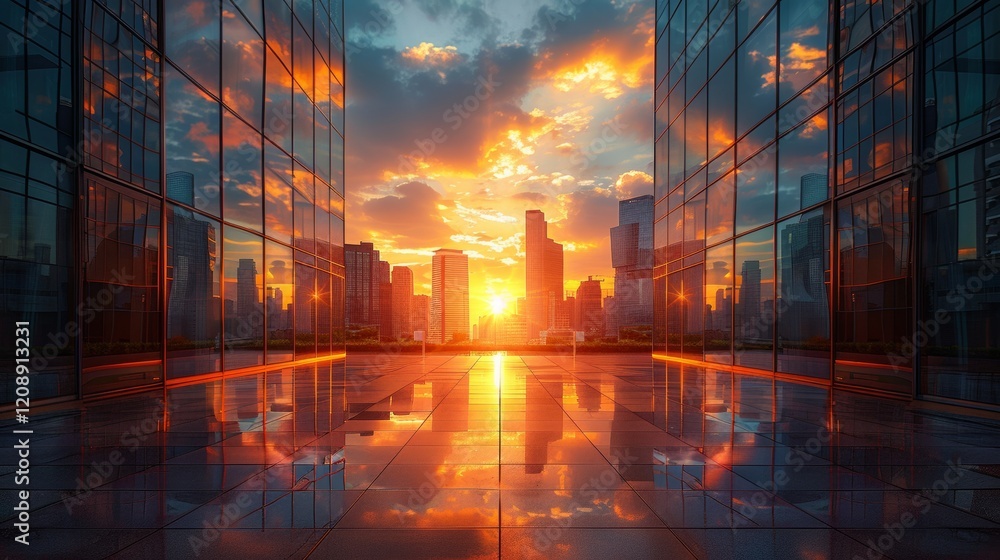 custom made wallpaper toronto digitalContemporary Cityscape with Open Square. Symmetrical composition under warm sunlight showcasing inviting ambiance.