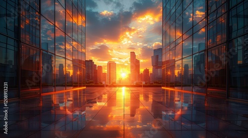 Wallpaper Mural Contemporary Cityscape with Open Square. Symmetrical composition under warm sunlight showcasing inviting ambiance. Torontodigital.ca