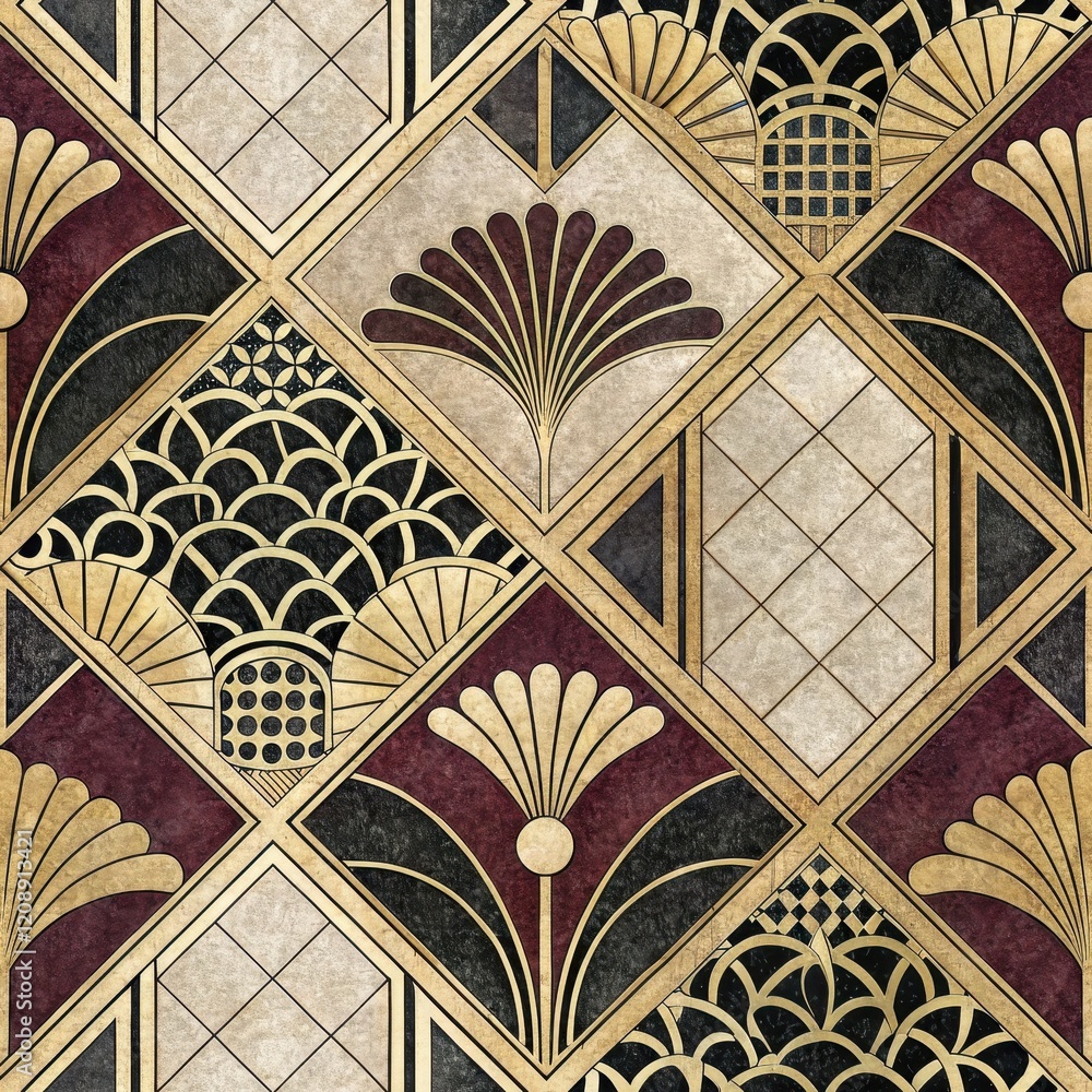 Seamless Art Deco Geometric Pattern Elegant Gold Black and Burgundy Diamond Tiles with Floral and Seamless Art Deco Geometric Pattern Elegant Gold Black and Burgundy Diamond Tiles with Floral and