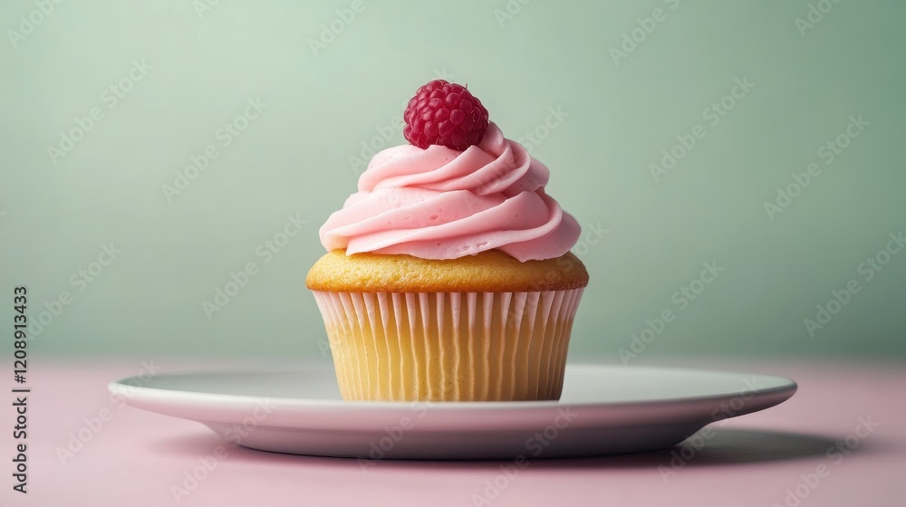 Delicate Frosted Cupcake with Raspberry on Plate Against Soft Background Delicate Frosted Cupcake with Raspberry on Plate Against Soft Background