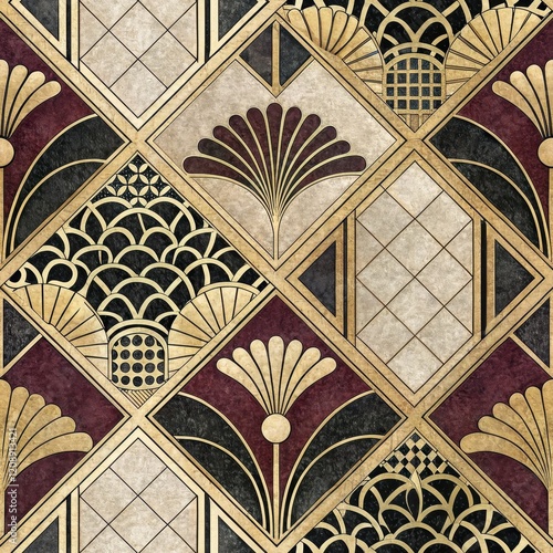 Seamless Art Deco Geometric Pattern Elegant Gold Black and Burgundy Diamond Tiles with Floral and