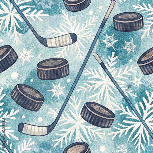 Winter Hockey Pattern Ice Hockey Sticks Pucks and Snowflakes Seamless Design