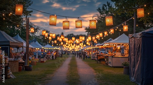 Illuminated Market Stalls at Dusk Under String Lights