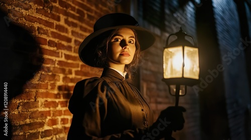Female tour guide leading a ghost tour at night, holding a lantern. Shadows and old buildings create a spooky atmosphere