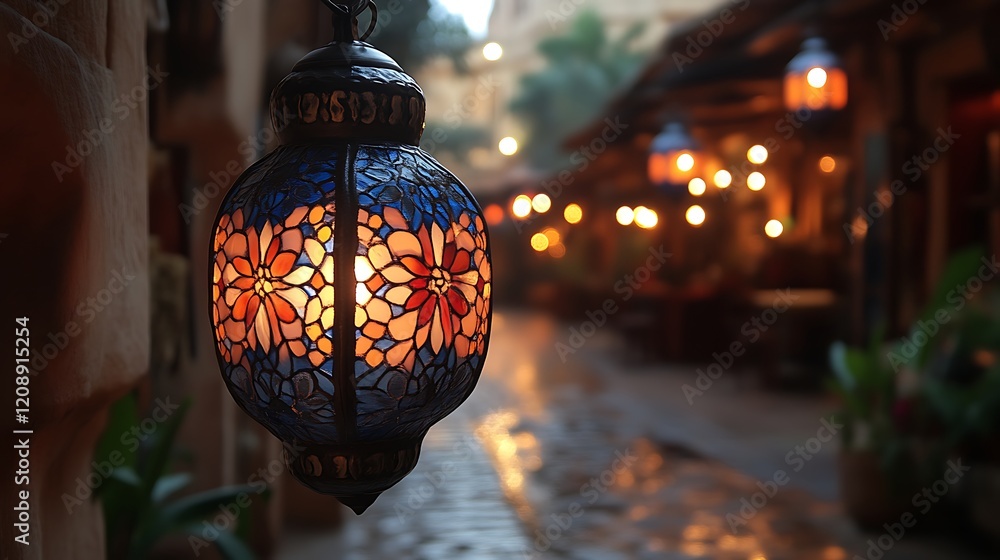Colorful stained glass lantern hanging in a dimly lit alleyway. Colorful stained glass lantern hanging in a dimly lit alleyway.