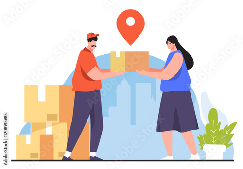 A delivery man giving a package box safely to woman customer in town