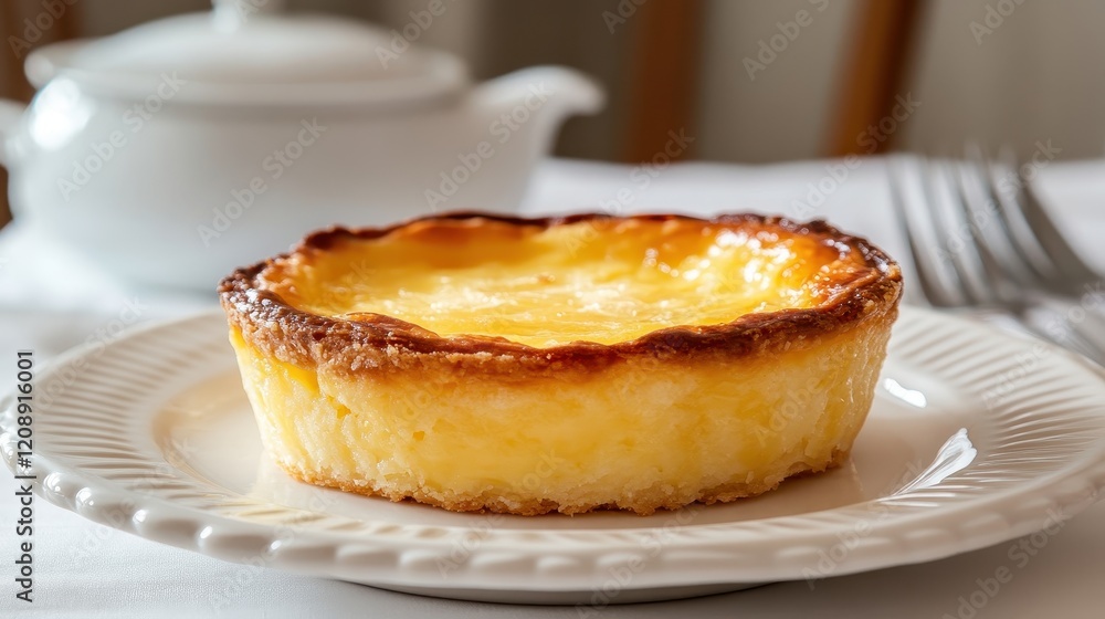 Perfectly Baked Lemon Tart on White Plate with Tea Set in Background Perfectly Baked Lemon Tart on White Plate with Tea Set in Background