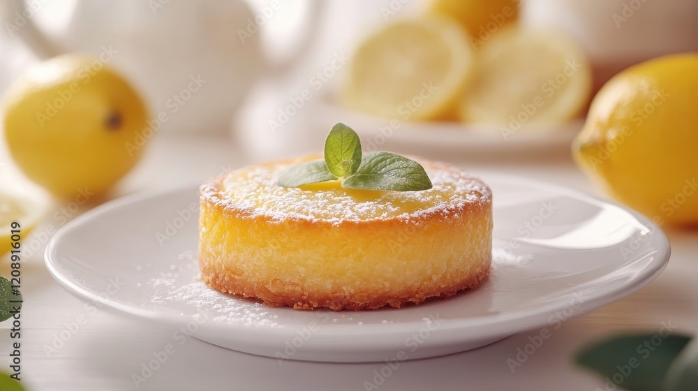 Single Perfectly Baked Lemon Tart on White Plate with Lemons Single Perfectly Baked Lemon Tart on White Plate with Lemons