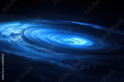 A glowing blue gas giant with swirling storms and faint rings, seen from space photo