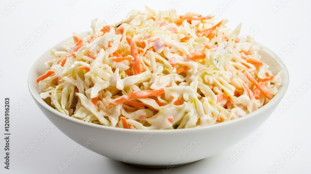 A bowl of creamy coleslaw with shredded cabbage, carrots, onions A bowl of creamy coleslaw with shredded cabbage, carrots, onions