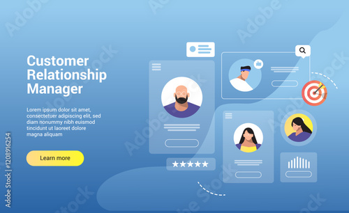 Concept of customer relationship management, marketing strategies and technologies for manage and development client interactions Vector landing page