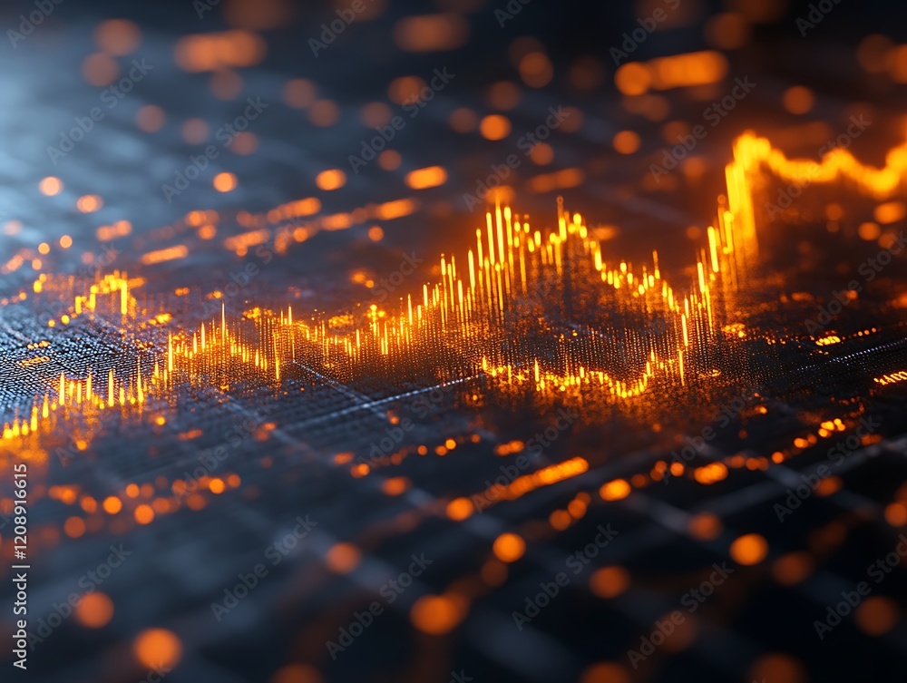 Fototapeta premium Glowing orange data graph on dark grid.