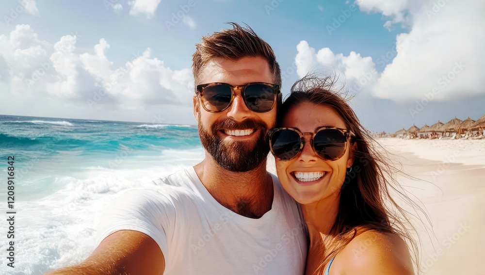 Happy couple enjoying a sunny beach day, smiling at the camera with ocean waves and clear blue sky in the background, capturing joyful travel memories Happy couple enjoying a sunny beach day, smiling at the camera with ocean waves and clear blue sky in the background, capturing joyful travel memories