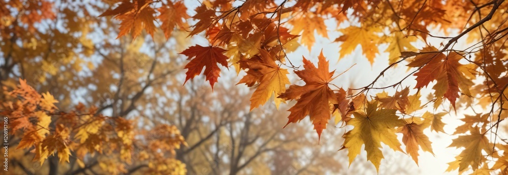 Softly falling maple leaves on a warm autumn day, landscape, fall