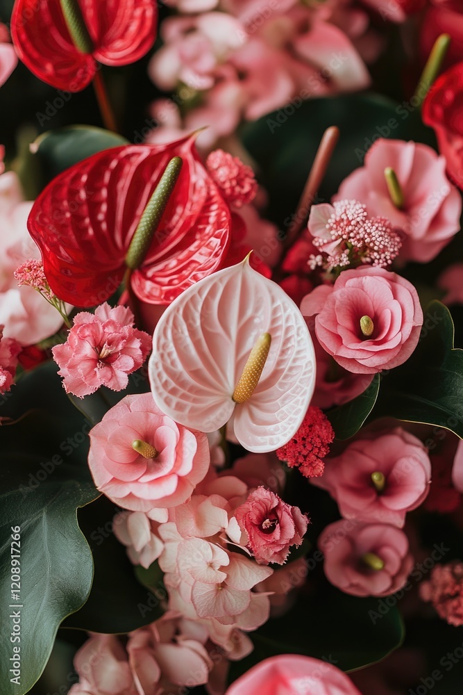 Fototapeta premium Pink and red anthurium flowers showing their beauty with water droplets