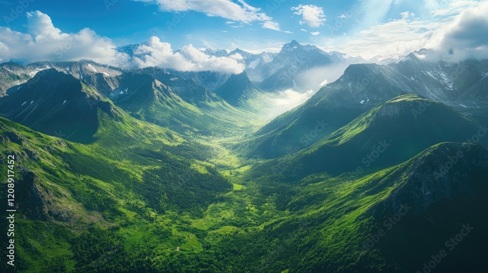 Breathtaking aerial view of lush green mountain valley under majestic peaks and cloudy sky