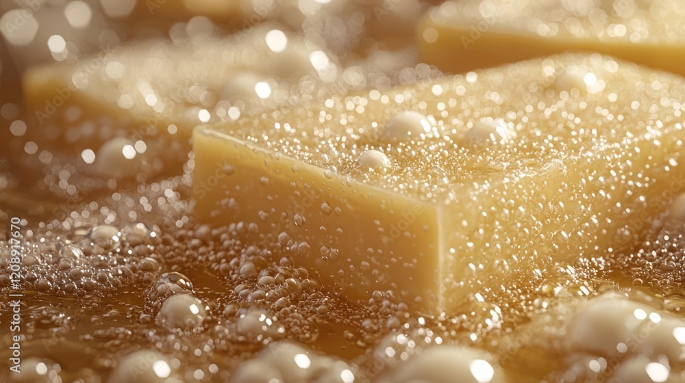 Close-up of bubbling oil with pieces of food, likely being fried. Close-up of bubbling oil with pieces of food, likely being fried.