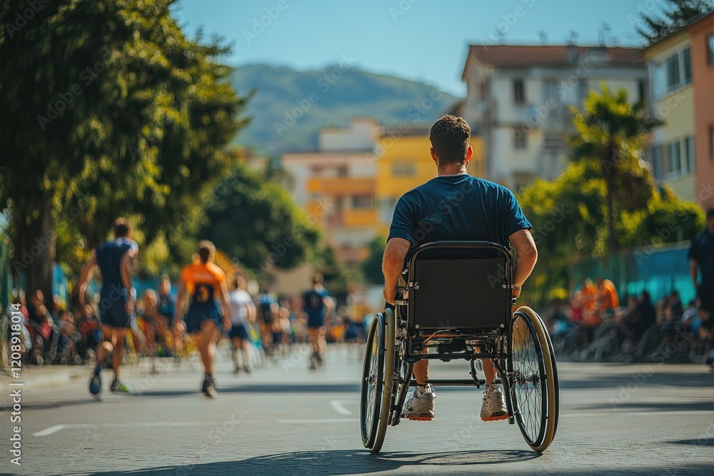 Obraz premium Disabled athlete pushing wheelchair in marathon with runners
