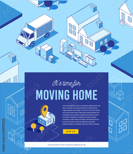 house moving services illustration with box trucks car house appliance boxes classic house