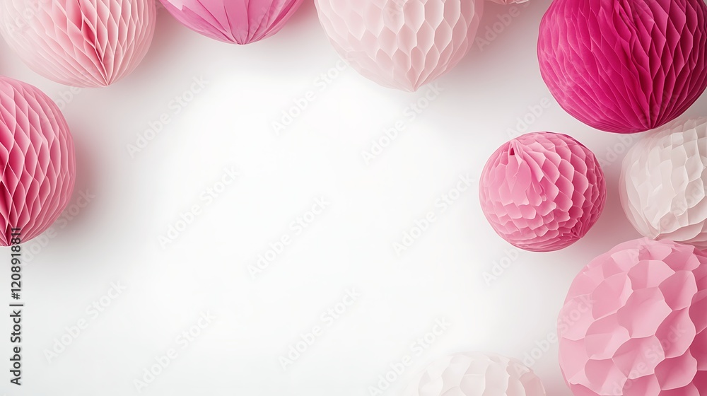 Pink and White Paper Honeycomb Balls Frame Background Pink and White Paper Honeycomb Balls Frame Background
