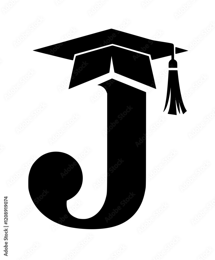 Graduation Cap on Letter J Symbol, Black and white graphic of the letter J with a graduation cap, symbolizing education, academic success, and scholarly achievement.
Graduation Cap on Letter J Symbol, Black and white graphic of the letter J with a graduation cap, symbolizing education, academic success, and scholarly achievement.