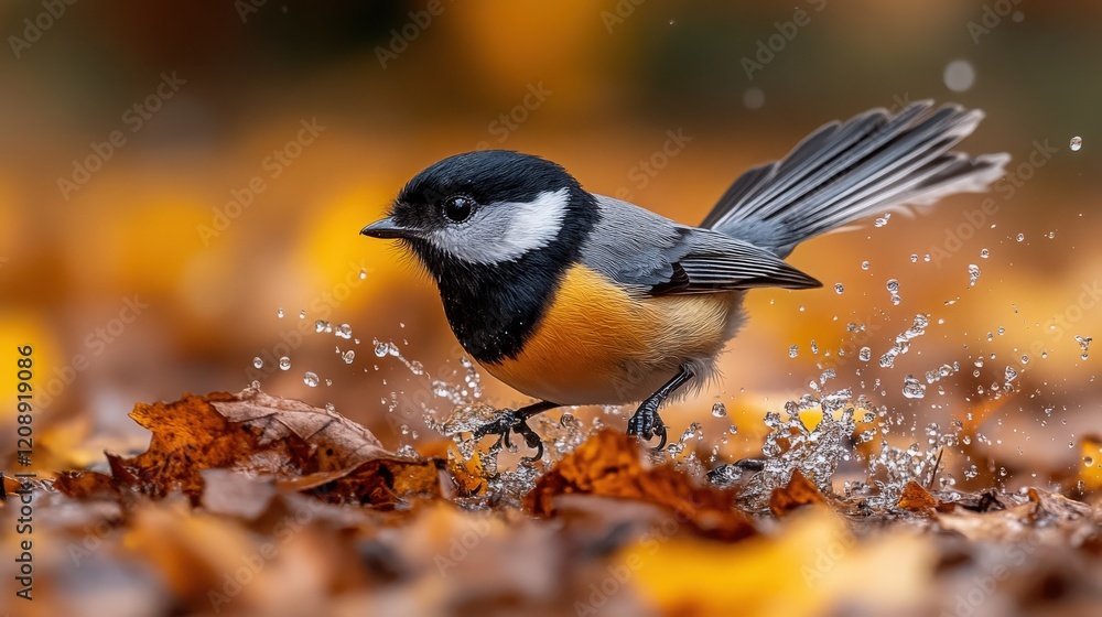 Obraz premium Beautiful Bird Splashing Water Among Vibrant Yellow Leaves in Autumn Setting, Capturing Nature's Splendor and the Joy of Wildlife Photography