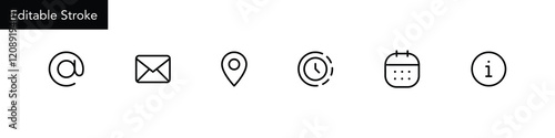 Address location icon. Stopwatch timer icon. Date Calendar icon. Email envelope icon. contact information icon - Web icons set. editable stroke. for modern UI/UX designs, web and app interfaces