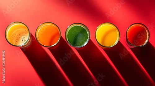 Colorful Glasses Of Juice Arranged In A Row photo