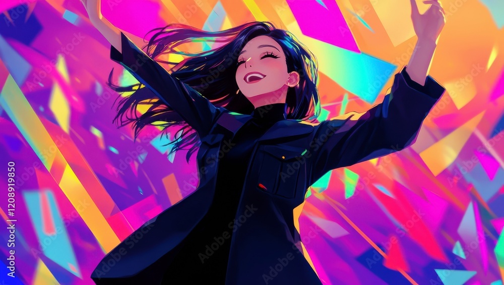 Vibrant Celebration with Joyful Woman Dancing in Colorful Abstract Background Filled with Geometric Shapes and Bright Hues Vibrant Celebration with Joyful Woman Dancing in Colorful Abstract Background Filled with Geometric Shapes and Bright Hues