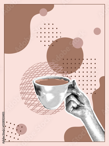Trendy halftone collage. Hand with halftone effect holding a coffee cup on abstract background. Abstract background in color Mocha Mousse