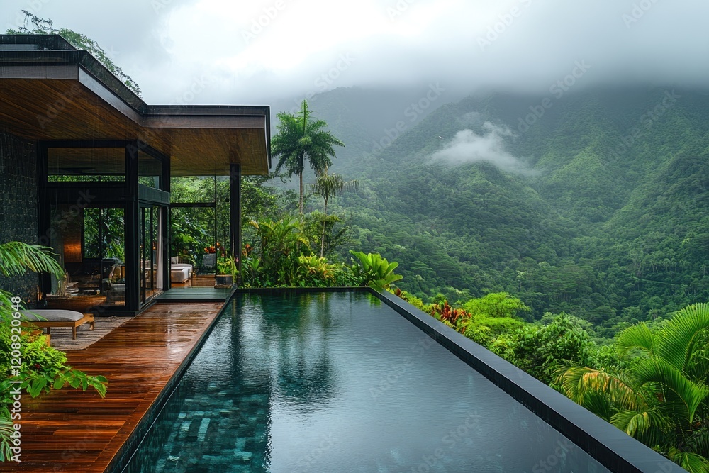 Fototapeta premium Modern house with infinity pool overlooking tropical rainforest mountains