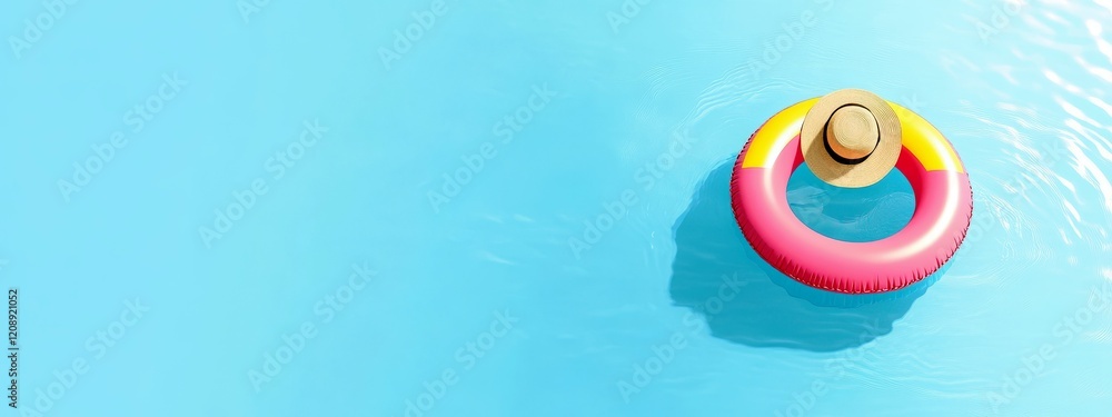 Obraz premium Bright Summer Pool Scene with Colorful Float and Straw Hat in Tranquil Blue Water Background for Vacation and Leisure Imagery
