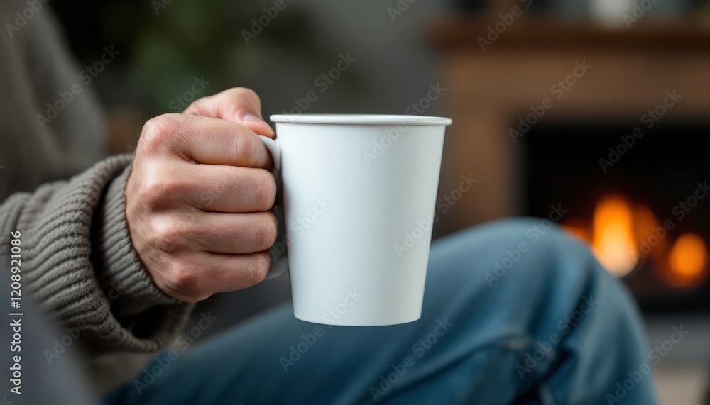 Cozy Winter Moments: A close-up of a hand holding a steaming cup of coffee in front of a warm, inviting fireplace. Perfect for illustrating the feeling of comfort and relaxation. Cozy Winter Moments: A close-up of a hand holding a steaming cup of coffee in front of a warm, inviting fireplace. Perfect for illustrating the feeling of comfort and relaxation.