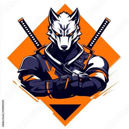 Fearsome Wolf Warrior Character Design with Dual Swords in a Dynamic Orange and Black Color Scheme for Gaming and Illustration Purposes photo