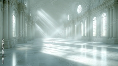 Ethereal Light Streaming Through Historic Architectural Space with Intricate Columns and Grand Windows  Creating a Serene and Dreamlike Atmosphere in Soft Hues