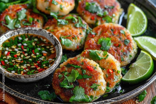 Delicious tod mun gai: thai fish cakes with cilantro and spicy dipping sauce photo