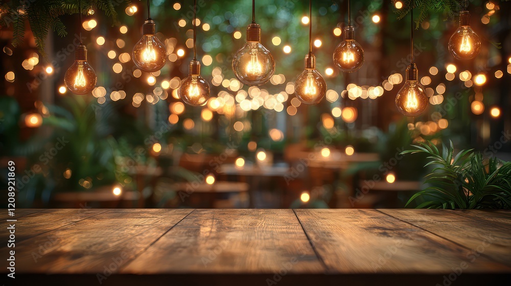 A warm, inviting outdoor space with hanging lights and a wooden table. A warm, inviting outdoor space with hanging lights and a wooden table.