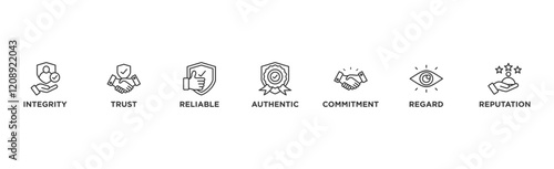 Credibility banner web icon illustration concept with icon of integrity, trust, reliable, authentic, commitment, regard, and reputation