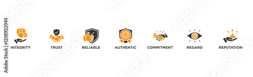 Credibility banner web icon illustration concept with icon of integrity, trust, reliable, authentic, commitment, regard, and reputation