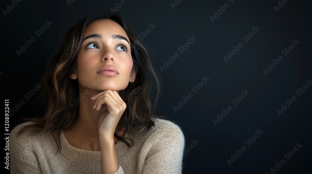 A beautiful woman looking up with her hand on her chin, thinking and daydreaming about the future, black background. Copy space A beautiful woman looking up with her hand on her chin, thinking and daydreaming about the future, black background. Copy space