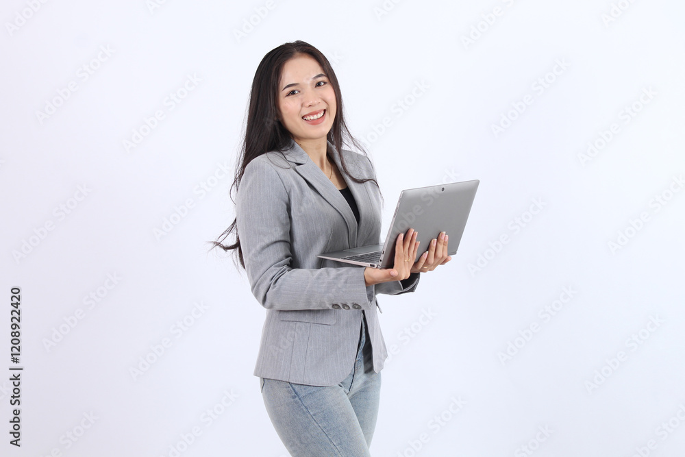 beautiful woman is holding a laptop in front of a white background ready for presentation. Business asian woman beautiful woman is holding a laptop in front of a white background ready for presentation. Business asian woman