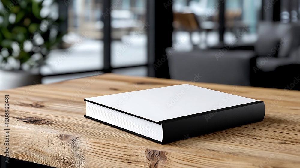 Blank white book with black cover on wooden table in cafe. Blank white book with black cover on wooden table in cafe.