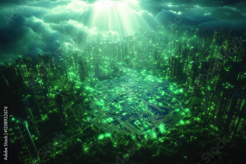 Wallpaper Mural Futuristic cityscape illuminated by green lights amidst clouds Torontodigital.ca