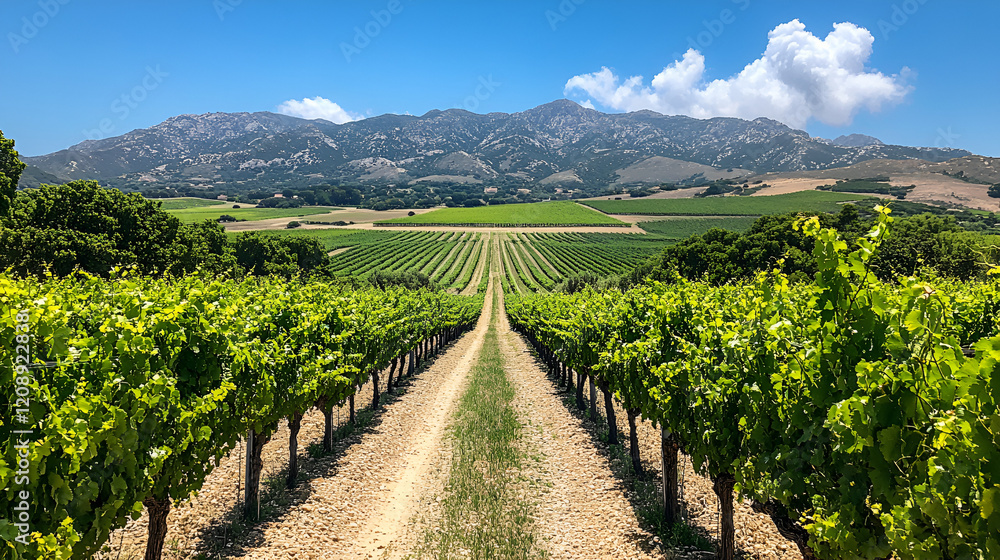 a scenic vineyard with yolks of grapevines under a blue sky ai 