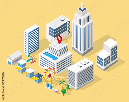 buildings collection with cafe hotel resort for beach area isometric illustration